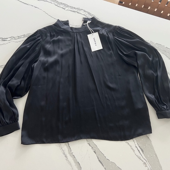 Frame Silk Shirred Mock Neck Blouse - Blk- Size L - Picture 1 of 13